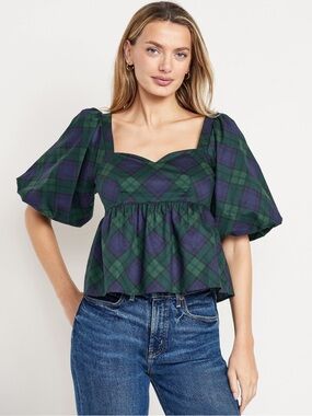 Old Navy Puff-Sleeve Plaid Poplin Peplum Top, NWT, Blue/Green Plaid